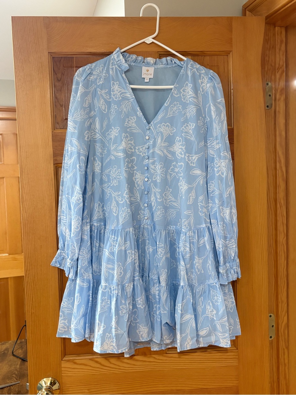 Light Blue Floral Tiered Button-Front Long Sleeve Dress